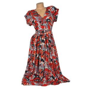 LOFT Women's Size 4 Coral Red Tropical Floral V Neck Button Front Midi Dress